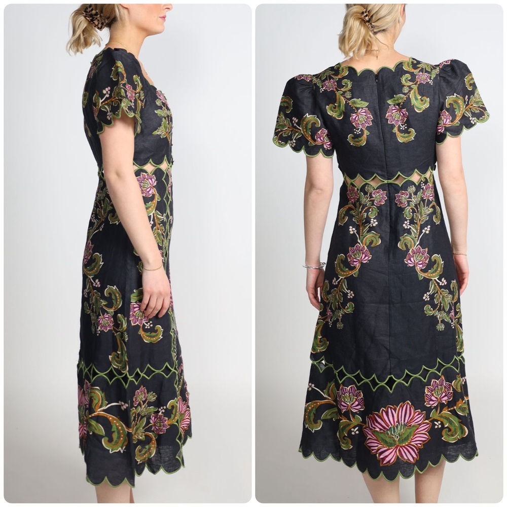 FARM Rio Ravenela Floral Embroidered Black Linen Midi Dress Women's Small NWT - Picture 3 of 16